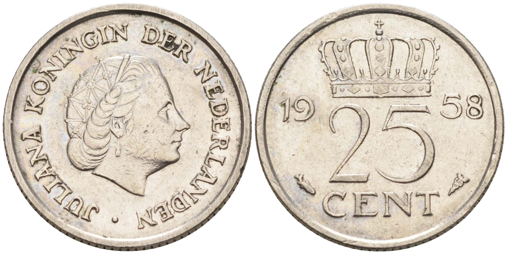 Нидерланды 25 центов 1958 Юлиана (1949-1980) KM 183 никель    4174-646