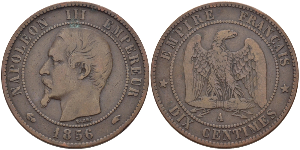 ФРАНЦИЯ 10 САНТИМОВ 1856 А, НАПОЛЕОН III (1852-1870) KM 771.1, LA FRANC 133.32 бронза 97-1236