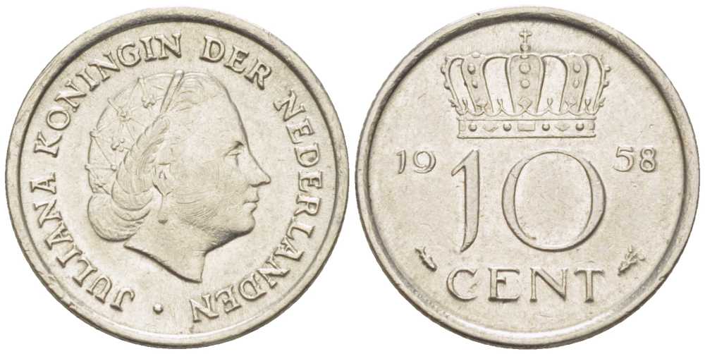 НИДЕРЛАНДЫ 10 ЦЕНТОВ 1958 ЮЛИАНА (1948-1980) KM 182 никель 214-1152