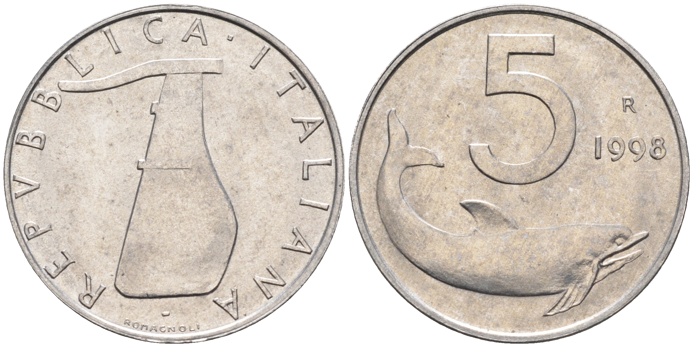 Италия 5 лир 1998 R, дельфин KM 92 алюминий  UNC  4594-724