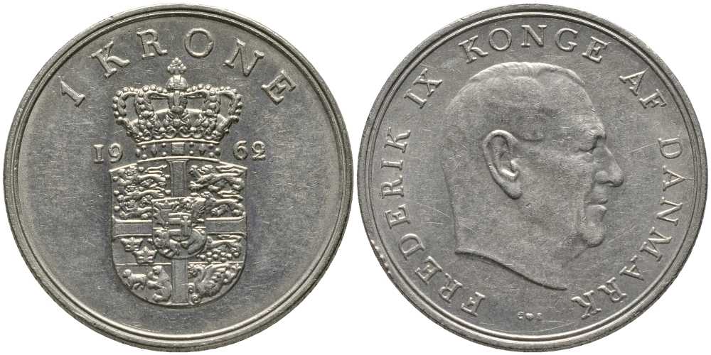 ДАНИЯ 1 КРОНА 1962 C; S, ФРЕДЕРИК IX (1947-1972) KM 851.1 медно-никель 4393-246