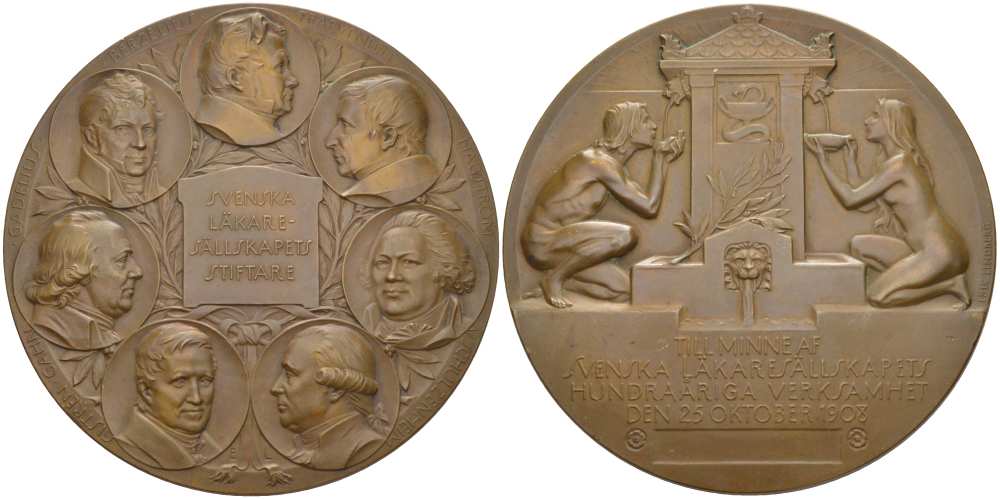 ШВЕЦИЯ МЕДАЛЬ 1908 В ПАМЯТЬ ОБ ОСНОВАТЕЛЯХ ШВЕДСКОЙ ВРАЧЕБНОЙ ШКОЛЫ 25 ОКТЯБРЯ 1908, ДИАМЕТР 70 ММ., МЕДАЛЬЕР ЛИНДБЕРГ бронза 00-00