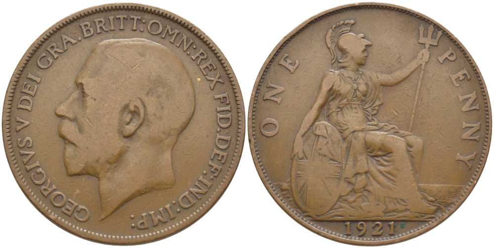 Великобритания 1 пенни 1921 Георг V (1910-1936) KM 810, Spink 4051 бронза 115-212