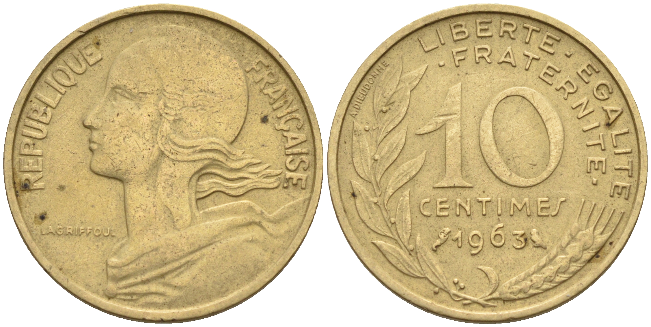 Франция 10 сантимов 1963 тип Марианна KM 929 медь алюминий никель    4594-1152