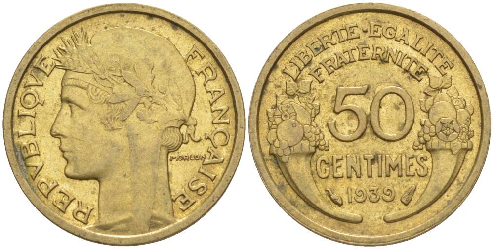 ФРАНЦИЯ 50 САНТИМОВ 1939 ТИП MORLON KM 894.1, LE FRANC 192.15 алюминиевая бронза 44-852