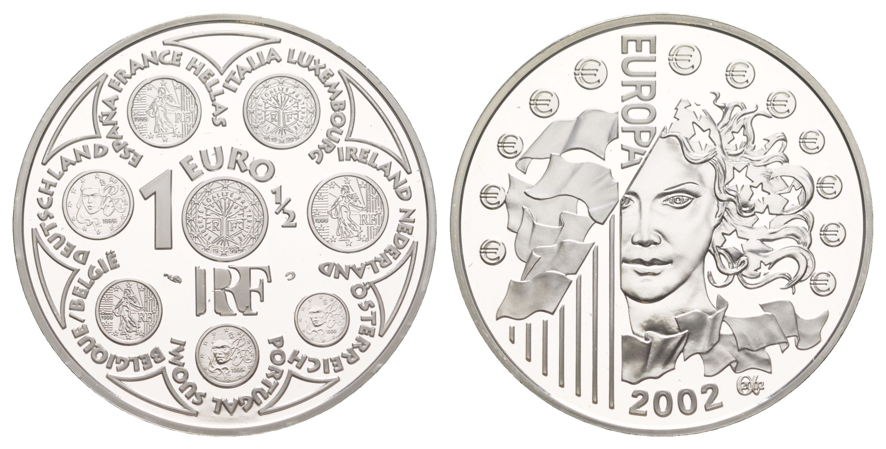 Франция 1 1/2 евро 2002 Введение евро KM 1301 серебро PROOF 1083-2-32