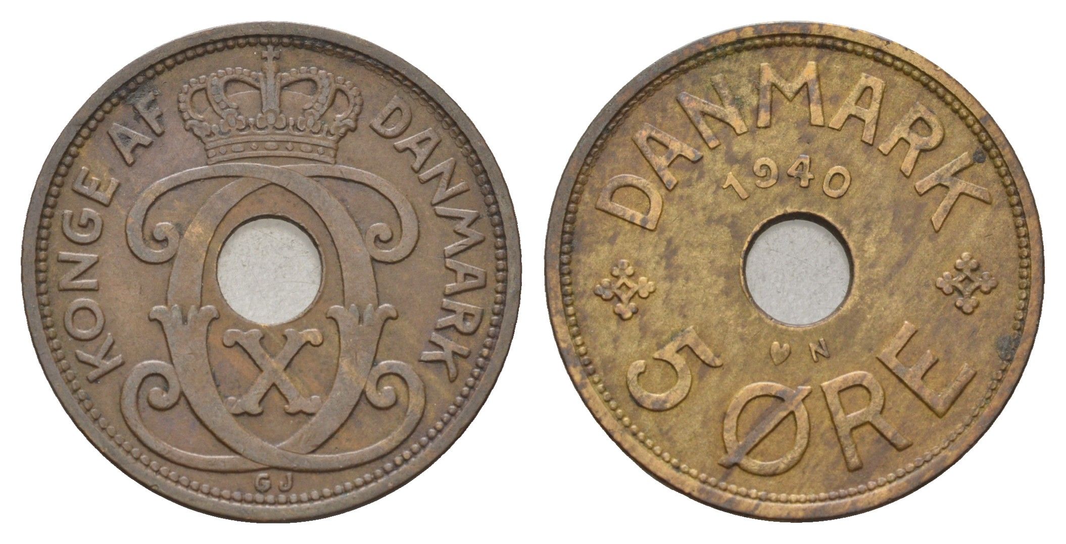 Дания 5 эре 1940 N, Кристиан X (1912-1947) KM 828 бронза 4700-853