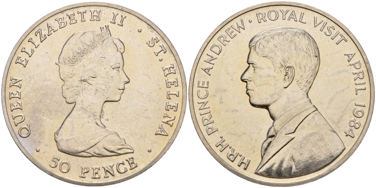 Остров Святой Елены 50 пенсов 1984 королевский визит Принца Эндрю KM 13 медно-никель UNC 4125-735