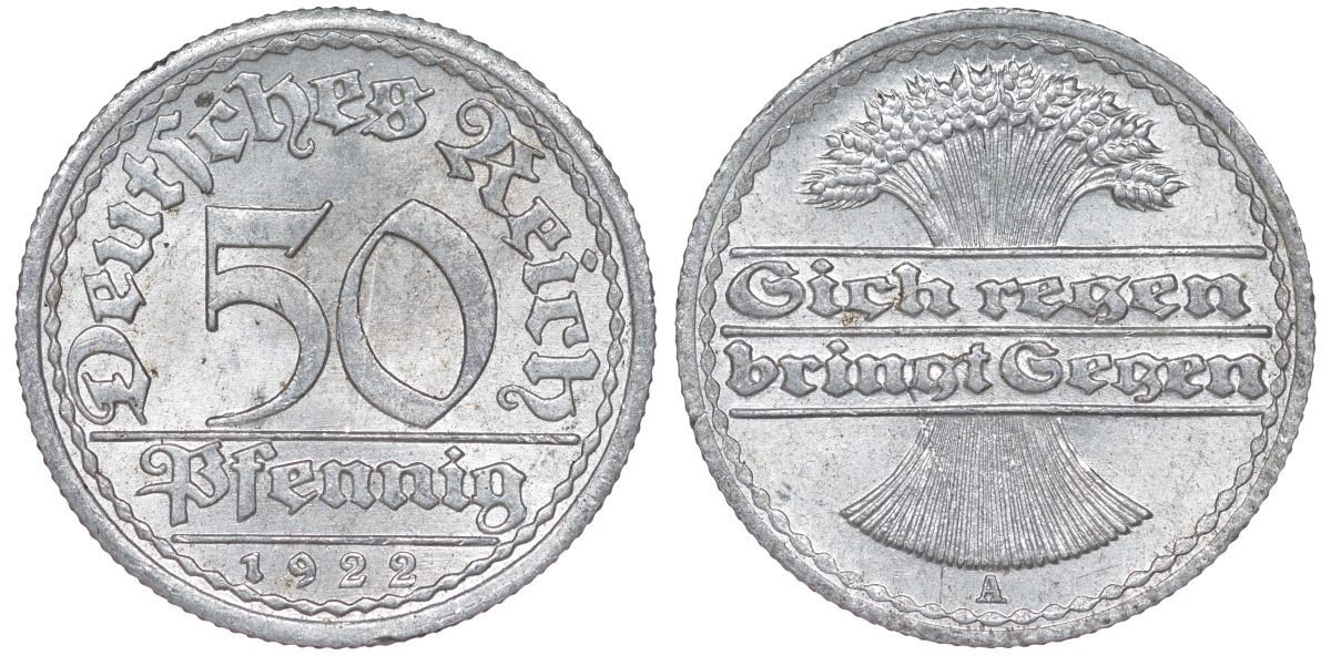 Германия 50 пфеннигов 1922 A KM 27, J. 301 алюминий aUNC 4114-1131