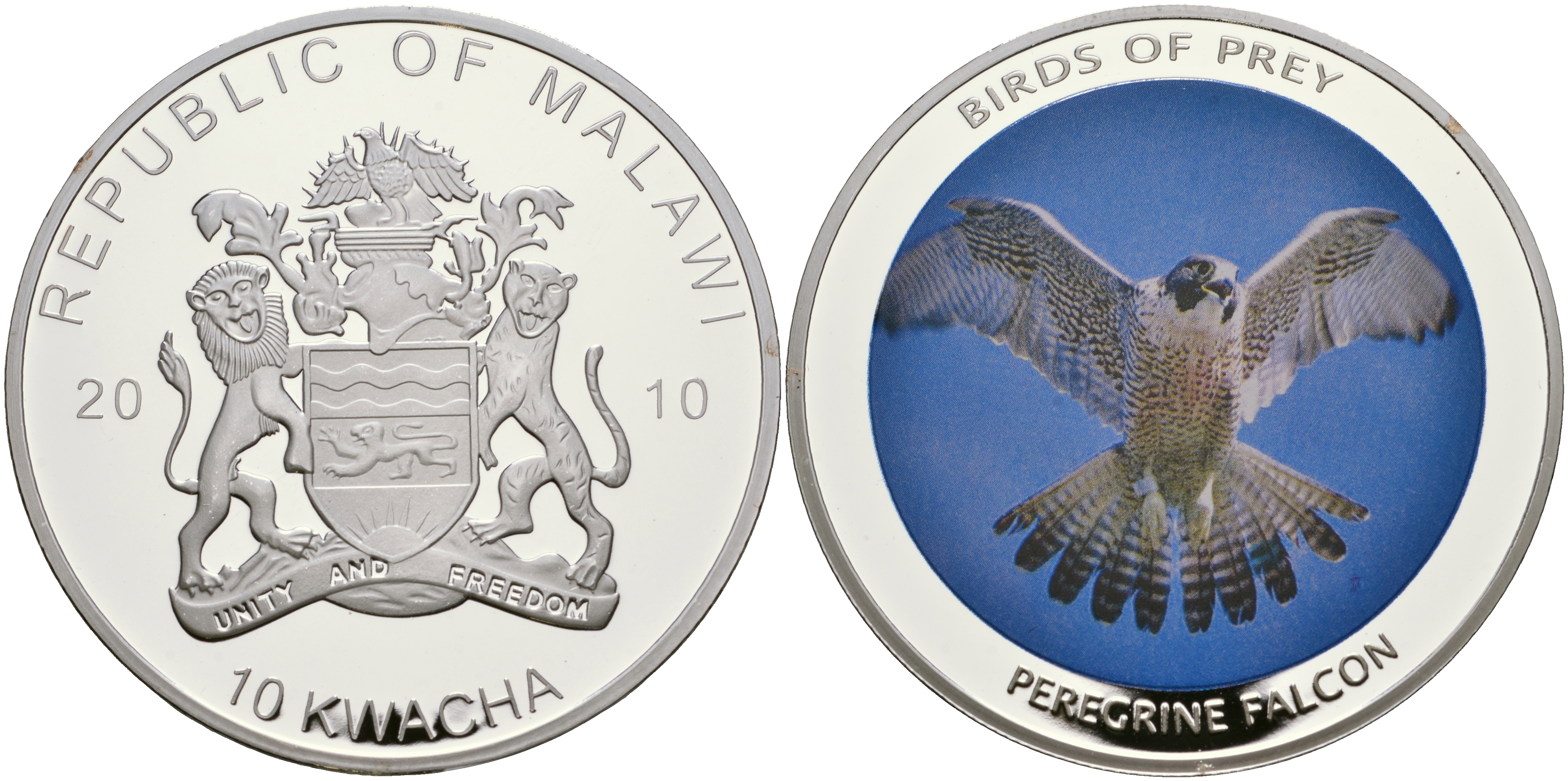 Малави 10 квача 2010 хищные птицы, сапсан, цветная эмаль, диаметр 50 мм PROOF 05-089-34