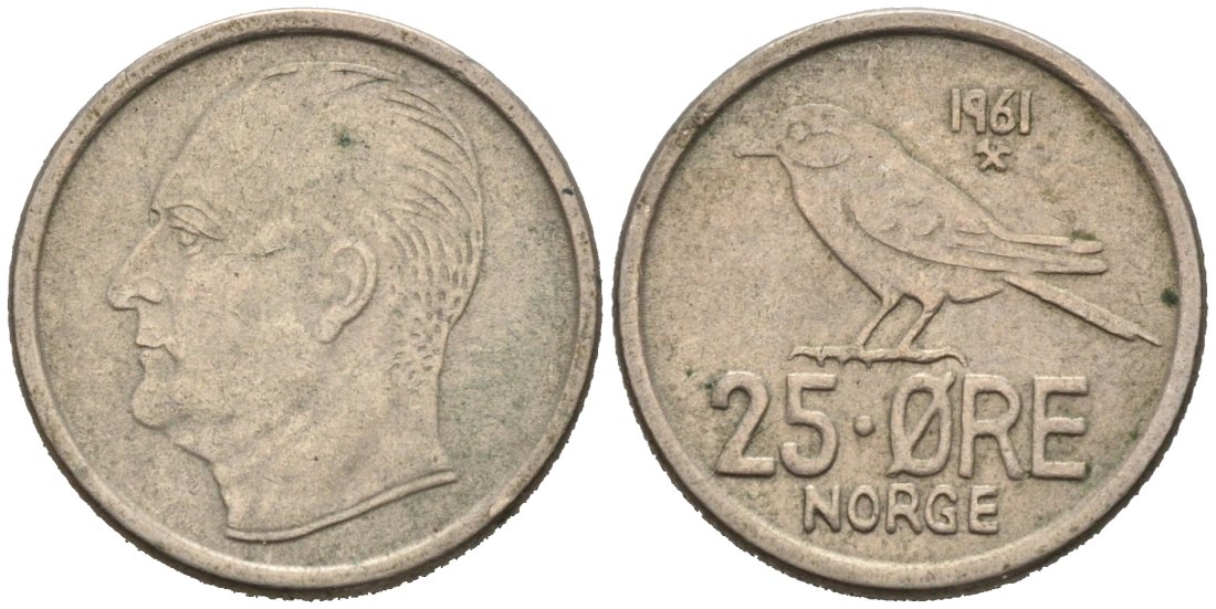 Норвегия 25 эре 1961 Улаф V (1958-1991), синица KM 407 медно-никель 4564-827