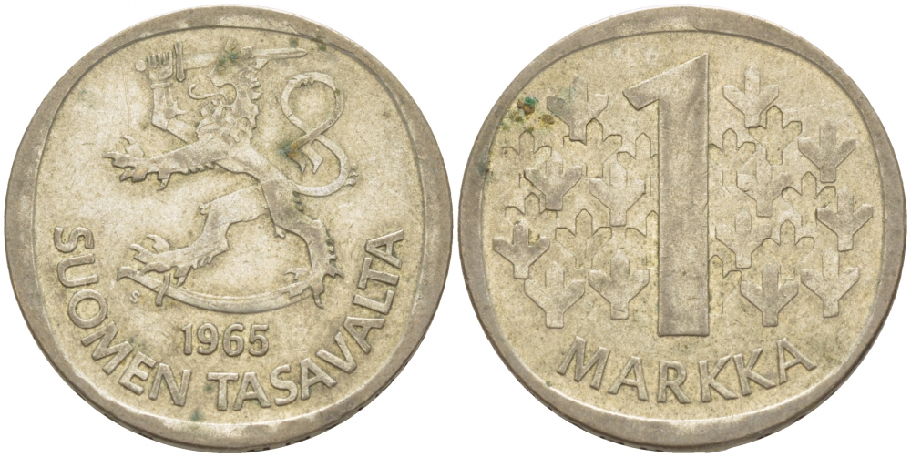 Финляндия 1 марка 1965 S KM 49 серебро 3457-941
