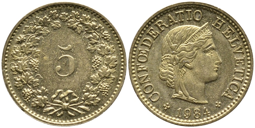 ШВЕЙЦАРИЯ 5 РАППЕНОВ 1984 KM 26с алюминий латунь 4528-654