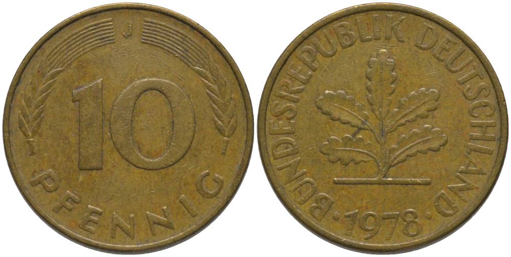 ФРГ 10 ПФЕННИГОВ 1978 J KM 108, J. 383 сталь плакированная латунью 181-135