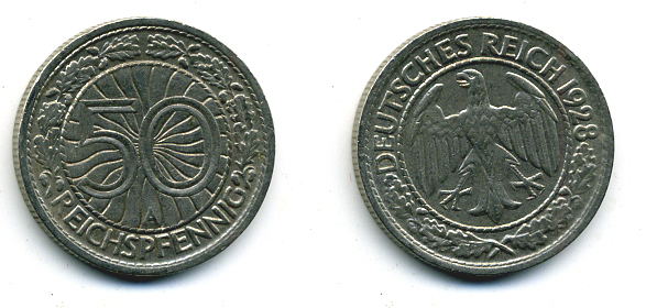 Германия 50 рейхспфеннигов 1928 A KM 49, J.324 никель J. 324 58-227