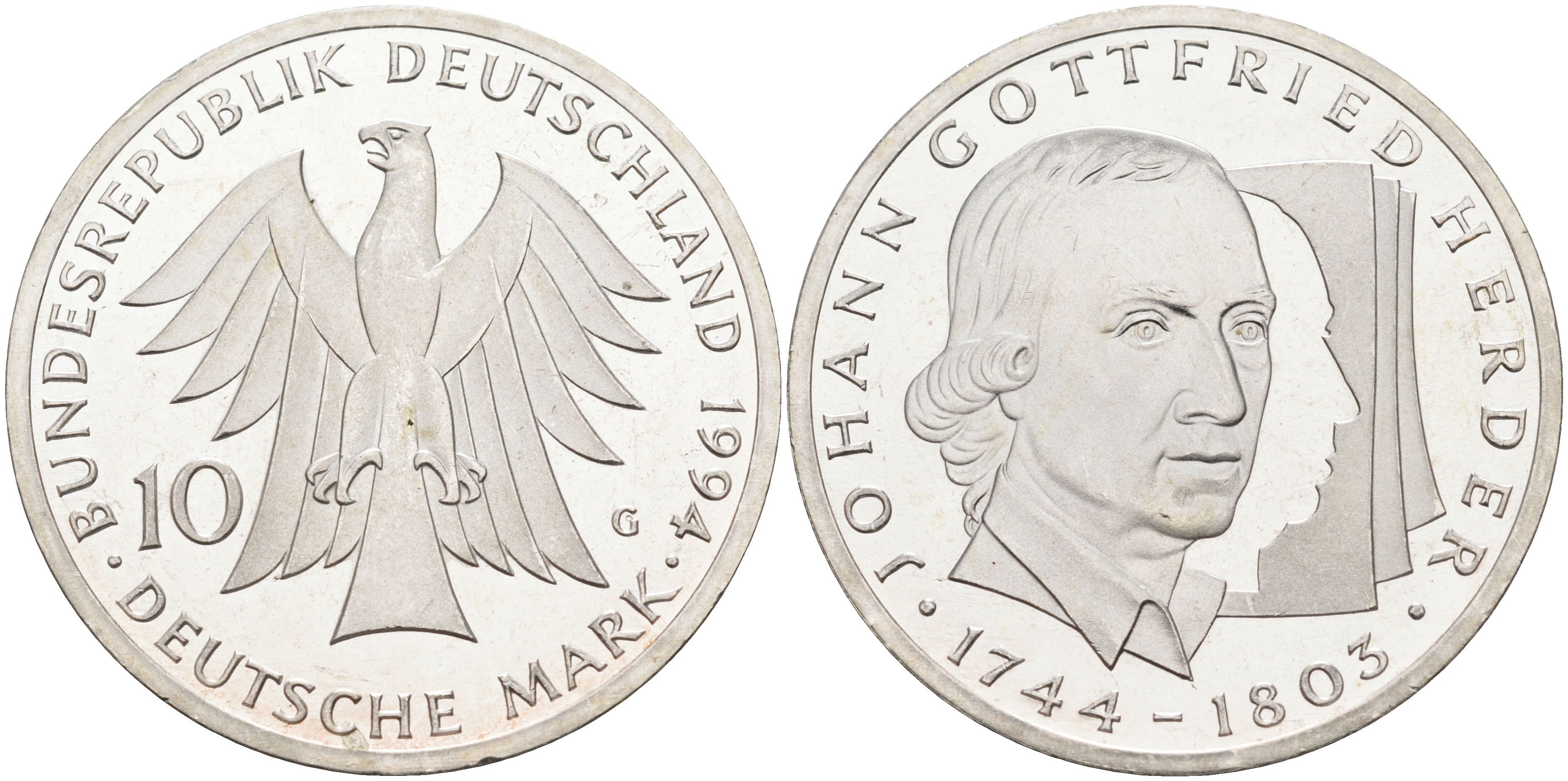 ФРГ 10 марок 1994 G, 250 лет со дня рождения Иоганна Готфрида Гердера KM 184 серебро PROOF 4185-631