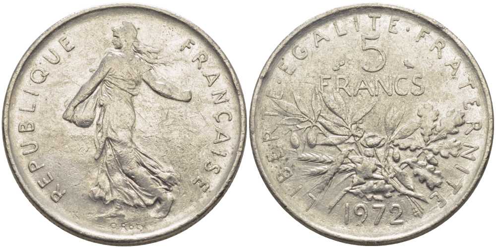 ФРАНЦИЯ 5 ФРАНКОВ 1972 СЕЯТЕЛЬ KM 926а.1, LE FRANC 341.4 медно-никель плакированный никелем 111-1142