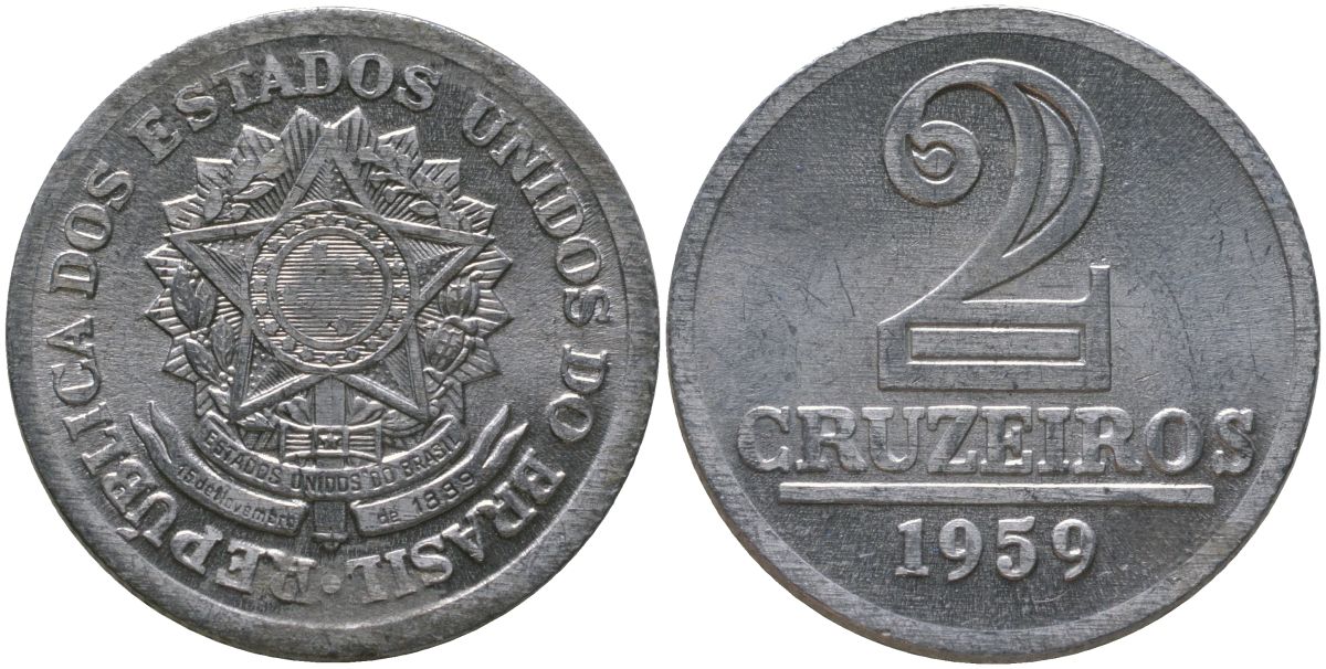 Бразилия 2 крузейро 1959 KM 571 алюминий 4577-932