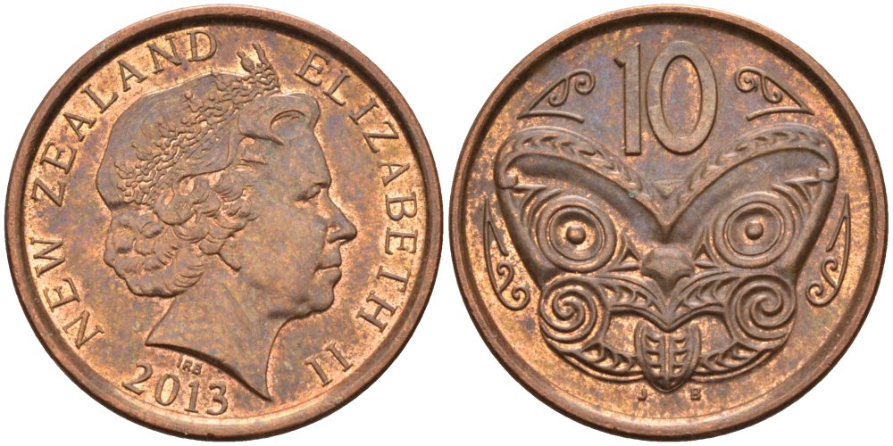 Новая Зеландия 10 центов 2013 маска Маори, Елизавета II (1952-) KM 117а сталь плакированная медью 83-1255