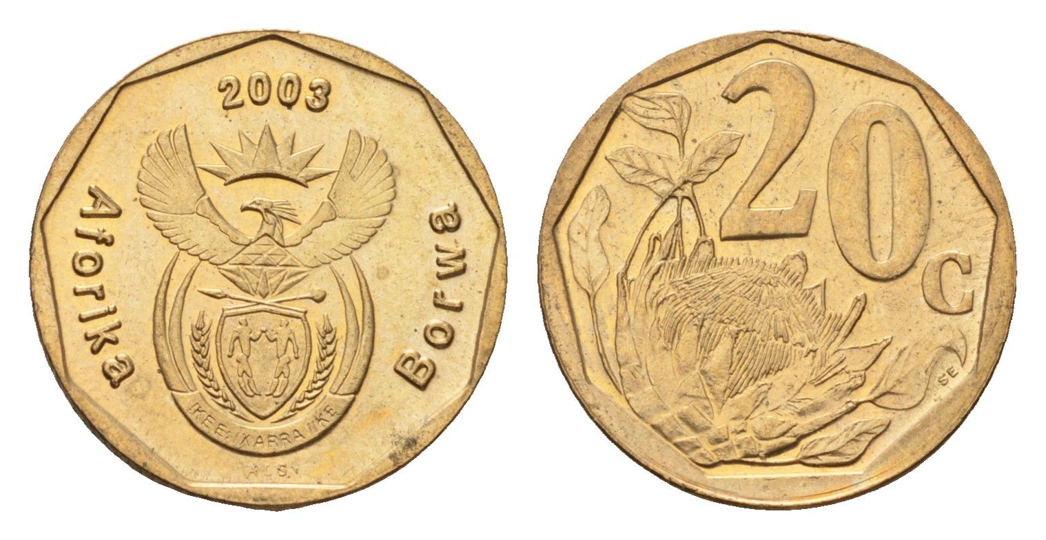 ЮАР 20 центов 2003 герб, цветок протея KM 327 сталь плакированная бронзой UNC 4687-549