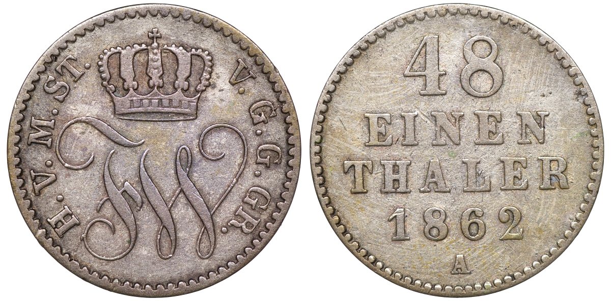 Мекленбург-Стрелиц 1/48 талера 1862 A, Фридрих Франц II (1842-1883) Jaeger 119, AKS 72, KM 96 серебро 4516-567
