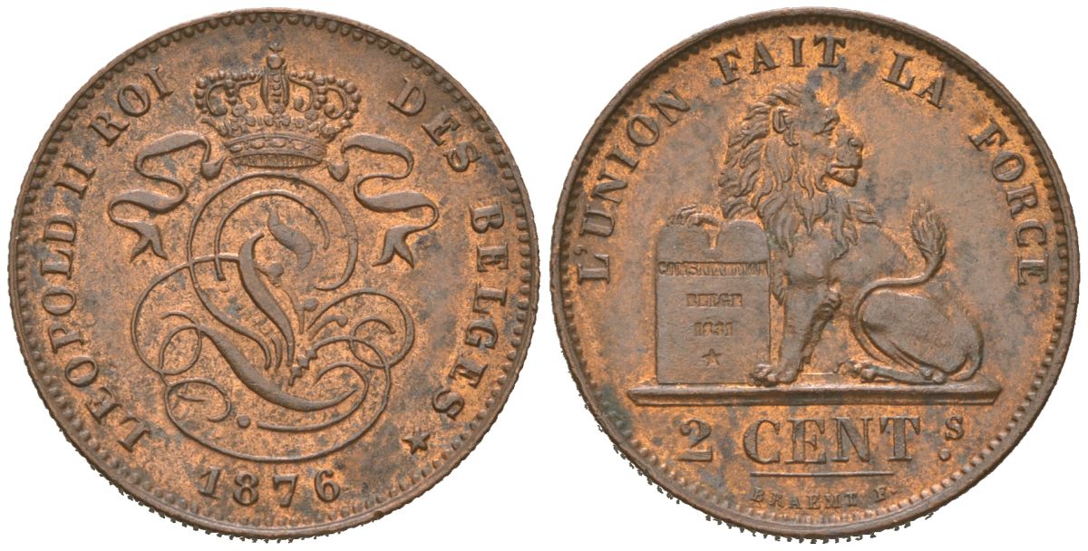 Бельгия 2 сантима 1876 Belges, Леопольд II (1865-1909) KM 35.1 медь aUNC 4044-224