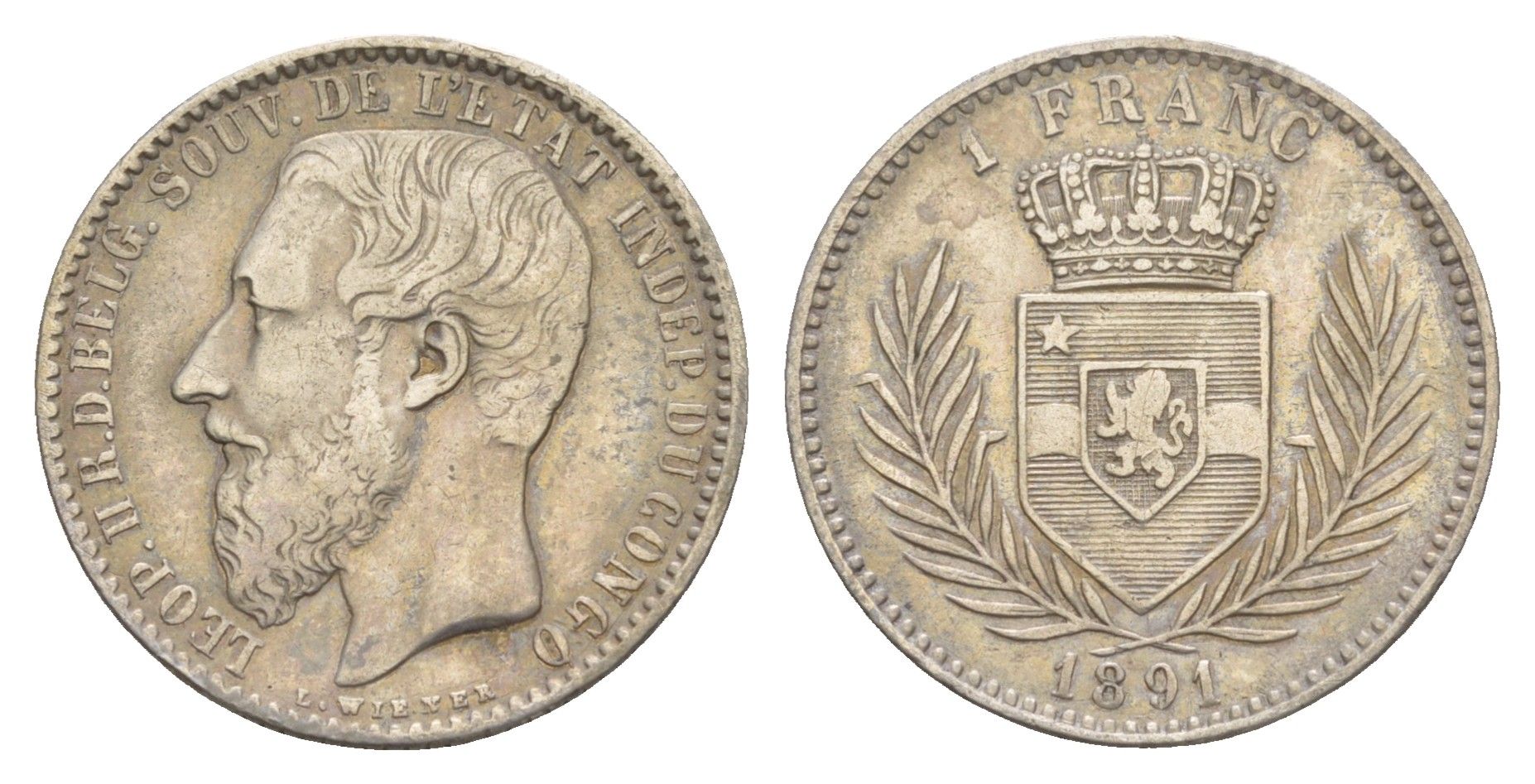 Бельгийское Конго 1 франк 1891 Свободное государство Конго, Леопольд II (1865-1909) KM 6 серебро 1518-1232