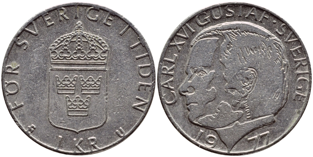 Швеция 1 крона 1977 Карл XVI Густав (1973- ) KM 852 медь плакированная медно-никелем 4397-834