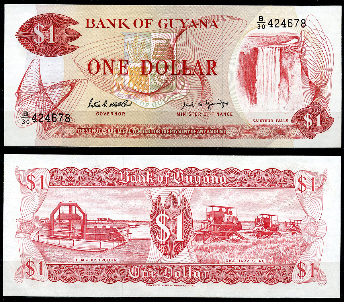 Гайана 1 доллар ND (1966-1992) водопад Кайетур, польдер с черным кустарником, уборка риса Pick 21 f  бумага  UNC (пресс) 447-70-5-3