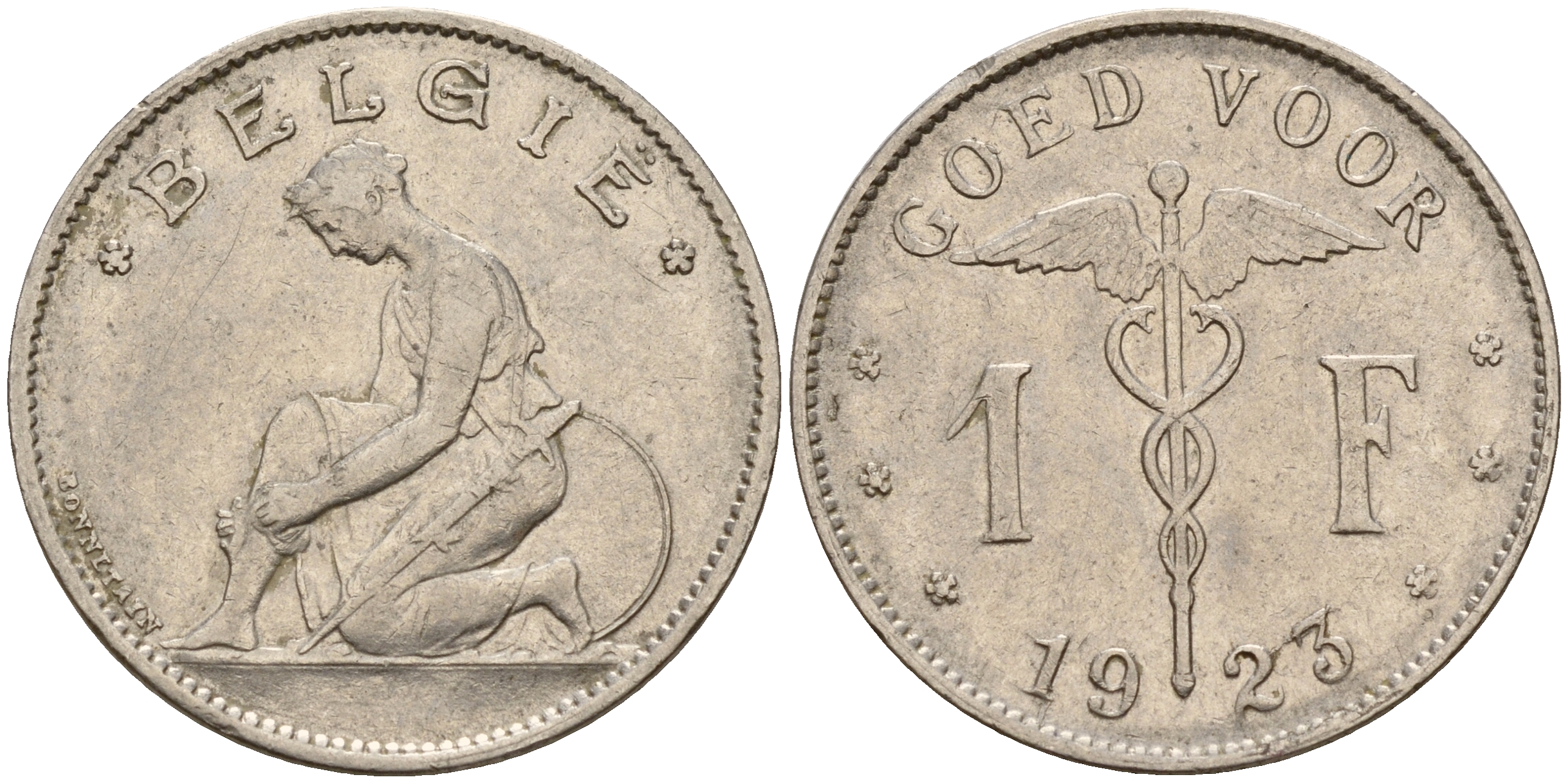 Бельгия 1 франк 1923 Belgie, Альберт I (1909-1934) KM 90 никель    4161-1154