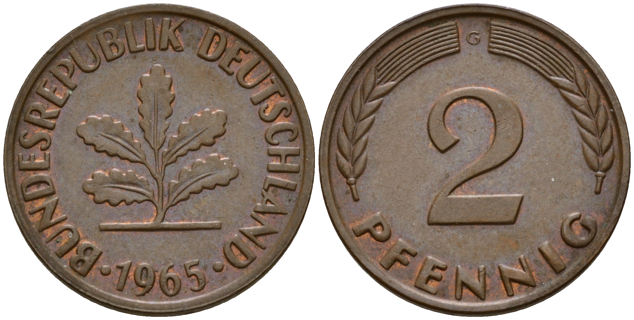ФРГ 2 пфеннига 1965 G J.381  KM 106 бронза    4598-738