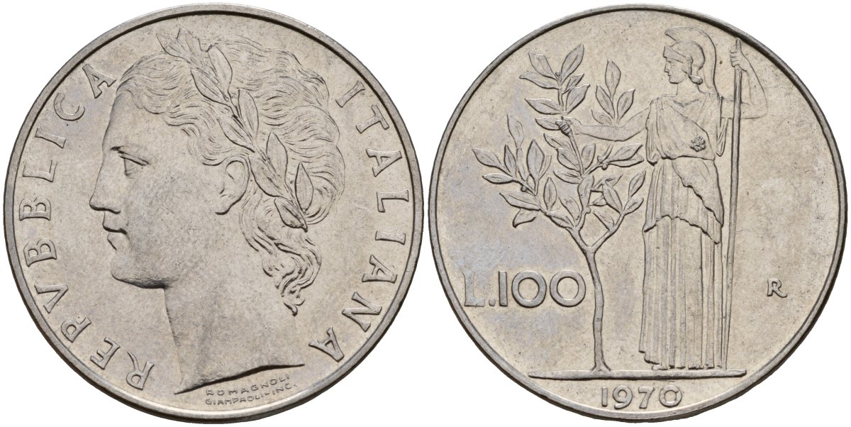 Италия 100 лир 1970 R, Афина у оливкого дерева KM 96.1 нержавеющая сталь 4149-1216