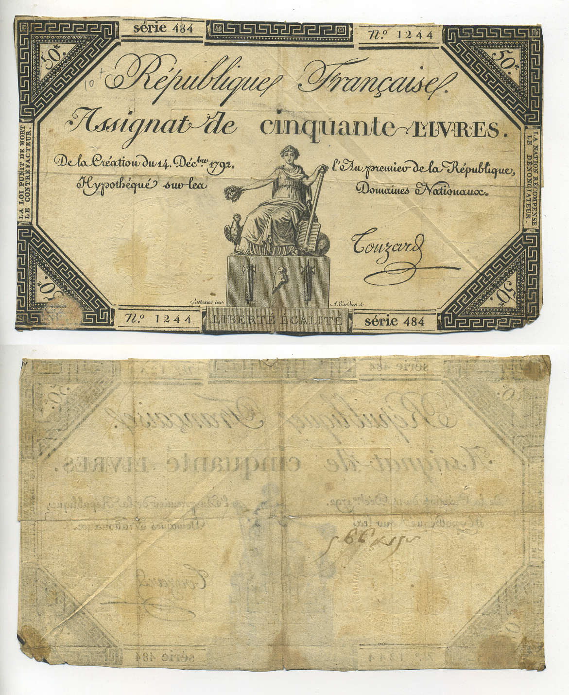 ФРАНЦИЯ 50 ЛИВРОВ 1792 14.12.1792 Pick А72 бумага 7552-20-1