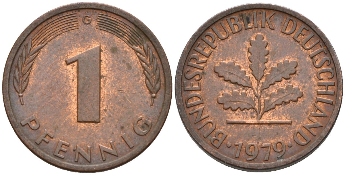 ФРГ 1 пфенниг 1979 G KM 105, J.380 сталь плакированная медью 4152-551