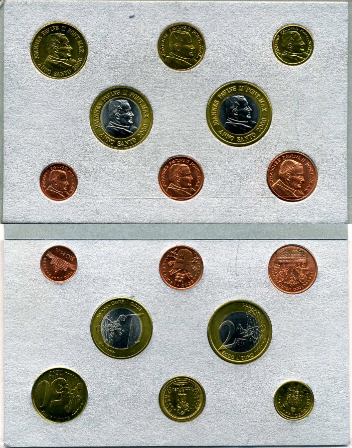 Ватикан набор из 8 монет 2000 1 евроцент-2 евро, европробники, в оригинальном буклете, Иоанн Павел II, серебрянный UNC 3-4-11-03