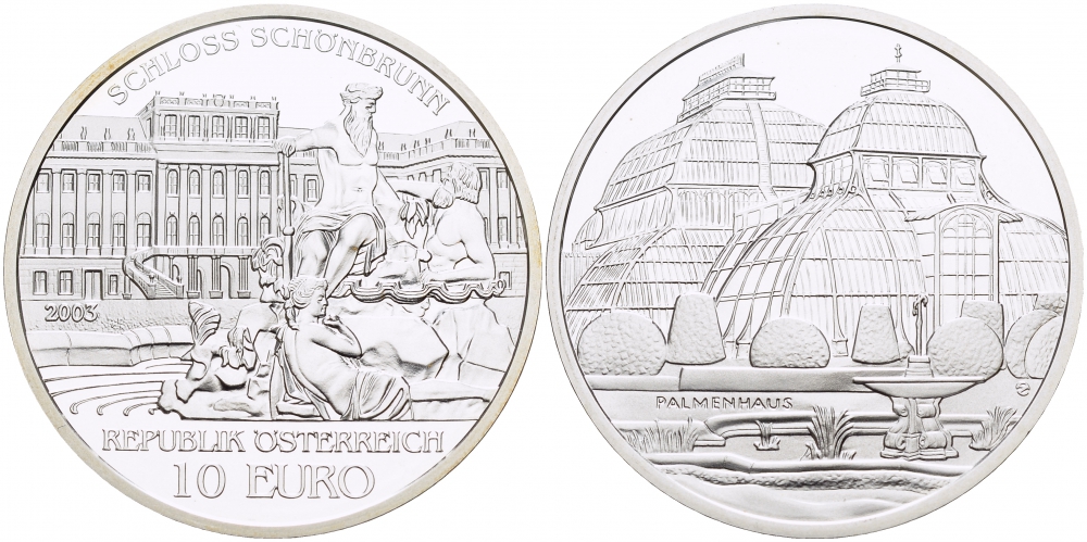 Австрия 10 евро 2003 Дворец Шенбрунн, здание парламента KM 3106 серебро PROOF 1087-3-62