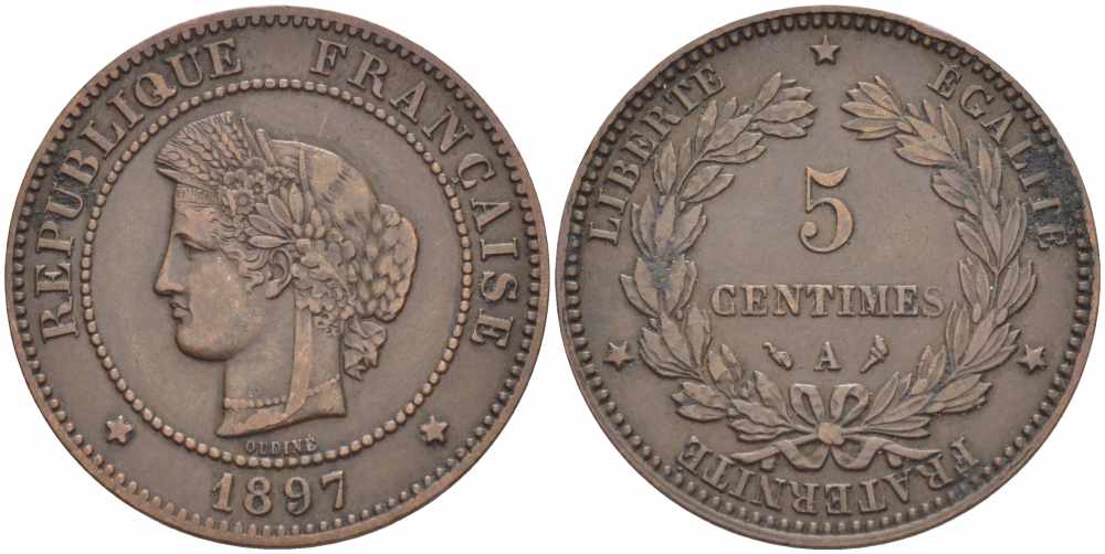 ФРАНЦИЯ 5 САНТИМОВ 1897 А, ТРЕТЬЯ РЕСПУБЛИКА (1871-1940) KM 821.1, LE FRANC 118.41 бронза 108-645