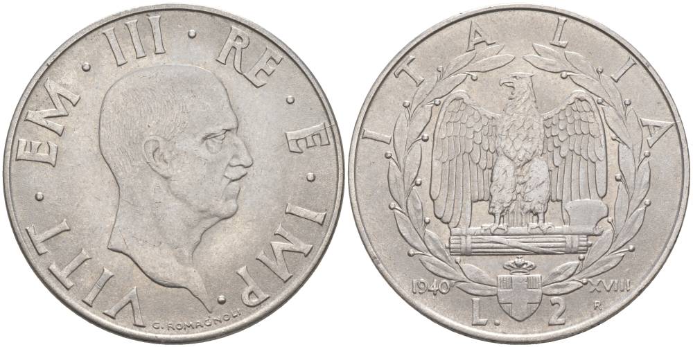 ИТАЛИЯ 2 ЛИРЫ 1940 R, ГОД XVIII, ВИКТОР ЭММАНУИЛ III (1900-1946), МАГНИТНАЯ, ГУРТ РИФЛЁНЫЙ KM 78b, VEM3. 1154 нержавеющая сталь 3855-244