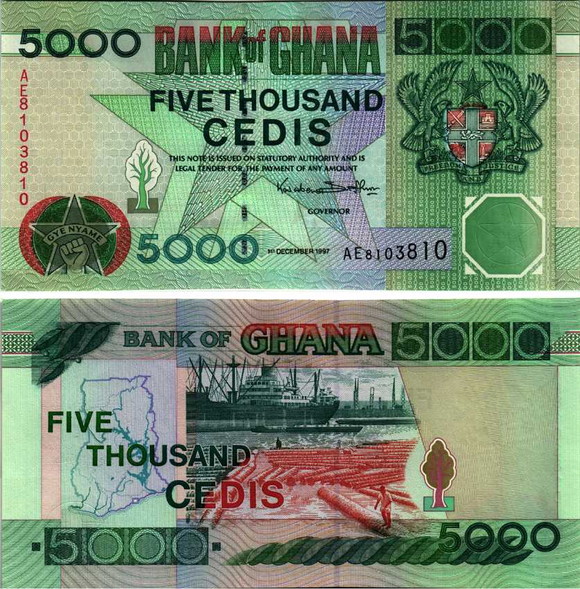 ГАНА 5000 СЕДИ 1997 1 ДЕКАБРЯ 1997, КОРАБЛИ В ПОРТУ, СПЛАВ ДРЕВЕСИНЫ Pick 34b бумага XF 7183-32-1-1