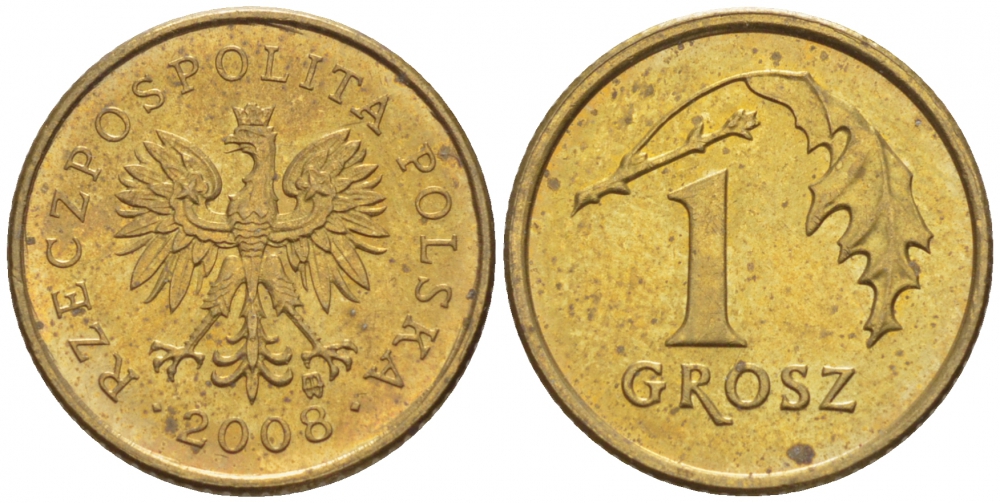 ПОЛЬША 1 ГРОШ 2008 MW KM 276 латунь UNC 4516-1053