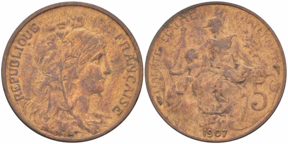ФРАНЦИЯ 5 САНТИМОВ 1907 ТИП ДАНИЭЛЬ ДЮПЮИ KM 842, LE FRANC 119.17 бронза 108-856