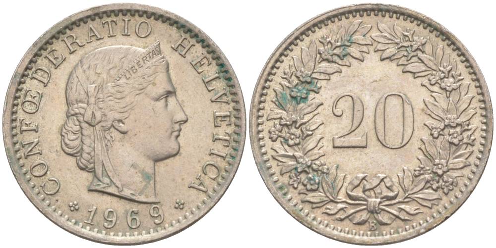 Швейцария 20 раппенов 1969 В KM 29а медно-никель 55-915