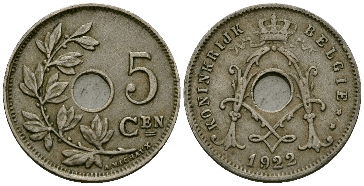 Бельгия 5 сантимов 1922 Belgie KM 67 медно-никель 4173-233