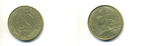 Франция 10 сантимов 1985 тип Марианна KM 929, LE FRANC 144.25 медь алюминий никель 54-1426