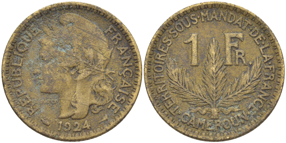 Французский Камерун 1 франк 1924 (а), монетный двор Париж KM 2 алюминиевая бронза 31-1126