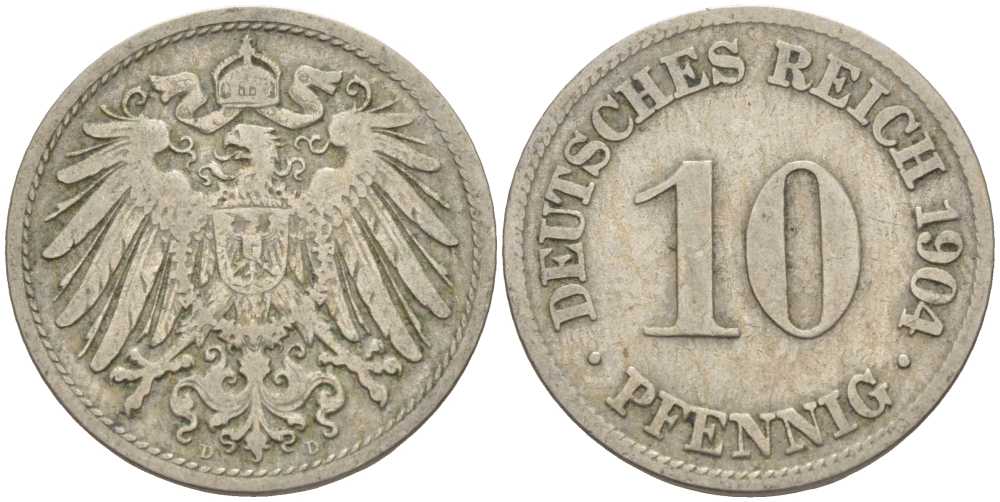 ГЕРМАНИЯ 10 ПФЕННИГОВ 1904 D KM 12, J. 13 медно-никель 4401-1255