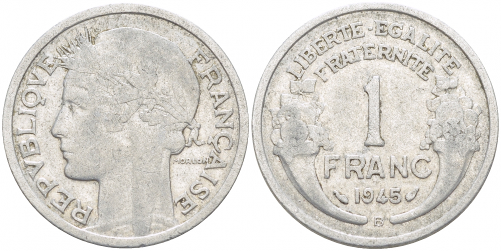 ФРАНЦИЯ 1 ФРАНК 1945 В KM 885а.2 алюминий 4402-914