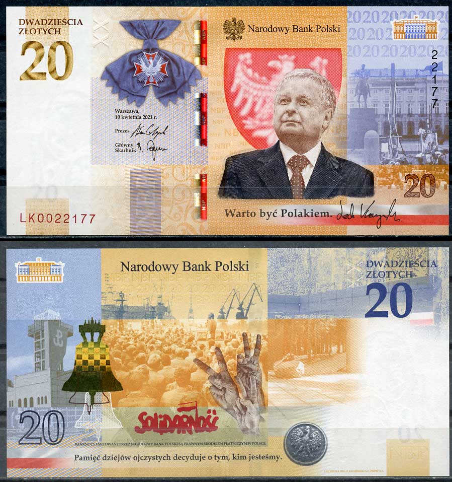 Польша 20 злотых 2021 президент Лех Качинский (1949-2010), в оригинальном буклете Pick 195 бумага UNC (пресс) 450-31-1
