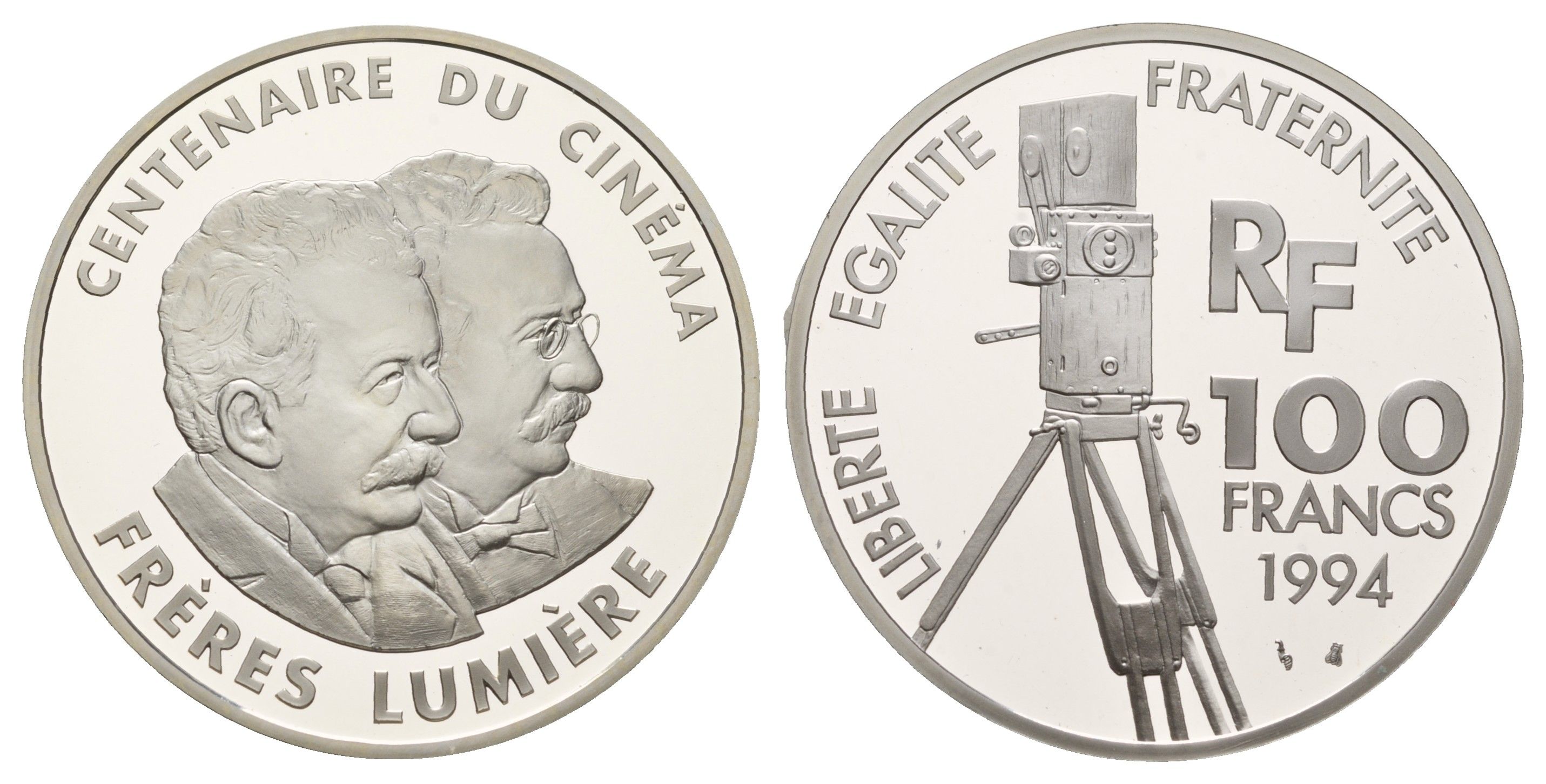 Франция 100 франков 1994 100 лет кинематографу - Братья Люмьер KM 1072 серебро PROOF 11-313-11