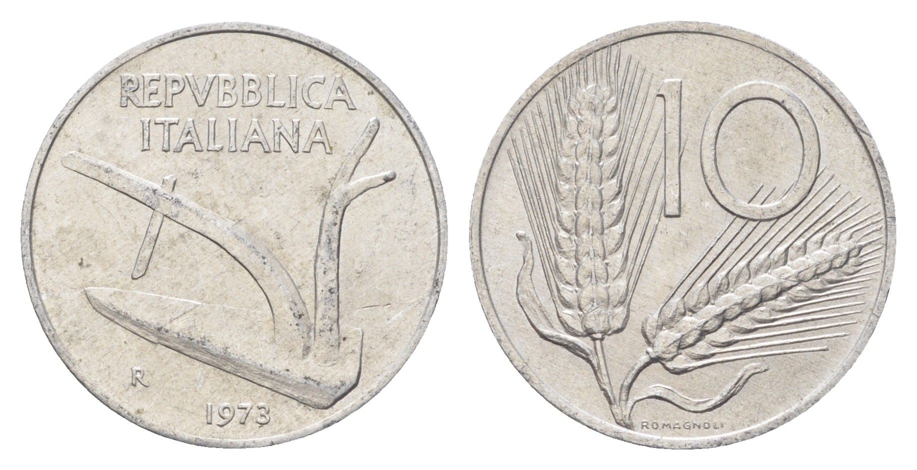 Италия 10 лир 1973 R, плуг, колосья KM 93 алюминий 4704-543